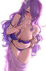 Rule 34 | 1girl, armlet, athenawyrm, backlighting, bikini, blush, breasts, camilla (fire emblem), camilla (summer) (fire emblem), cleavage, dutch angle, finger to mouth, fire emblem, fire emblem fates, fire emblem heroes, flower, hair flower, hair ornament, hair over one eye, halterneck, highres, large breasts, long hair, looking at viewer, navel, nintendo, o-ring, o-ring bikini, o-ring bottom, o-ring top, parted lips, pulled by self, purple bikini, purple eyes, purple hair, sarong, sidelocks, simple background, solo, strap lift, swimsuit, thigh gap, white background