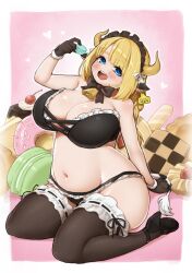 Rule 34 | 1girl, absurdres, animal ears, arm support, baguette, bell, blonde hair, blue eyes, blunt bangs, blush, border, bow, bowtie, bra, bread, breasts, brown bow, brown gloves, character request, cherry, cleavage, commentary request, copyright request, cow tail, cowbell, dot nose, doughnut, ear tag, food, fruit, full body, gloves, head tilt, heart, high heels, highres, holding, holding food, horns, ichika (ichika manga), large breasts, long hair, looking at viewer, macaron, maid headdress, navel, neck bell, open mouth, outline, outside border, pink background, shadow, sitting, solo, tail, thighhighs, underwear, white border, white outline