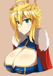 Rule 34 | 1girl, artoria pendragon (fate), artoria pendragon (lancer) (fate), blonde hair, breasts, cleavage, cleavage cutout, clothing cutout, fate/grand order, fate (series), female focus, green eyes, highres, huge breasts, saber (fate), simple background, smile, solo, upper body