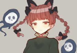 Rule 34 | 1girl, animal ears, braid, breasts, cat ears, chieezuik, dress, extra ears, floating hair, green dress, grey background, hitodama, kaenbyou rin, light blush, light smile, long hair, medium breasts, red eyes, red hair, simple background, sketch, skull, solo, touhou, twin braids, twintails, upper body