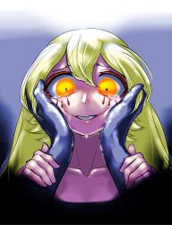 Rule 34 | 1girl, 1other, aygoftenover, blonde hair, blurry, blurry background, collarbone, grin, hands on another&#039;s cheeks, hands on another&#039;s face, hands up, highres, kfufu (shy), long hair, sad smile, shy (series), smile, tears, teeth, yellow eyes