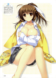 Rule 34 | 1girl, absurdres, alpha (yukai na nakamatachi), breasts, brown eyes, brown hair, cleavage, dengeki moeou, hair ornament, hairclip, highres, large breasts, open clothes, open shirt, parted lips, plaid, plaid skirt, pleated skirt, ponytail, scan, shirt, sitting, skirt, solo