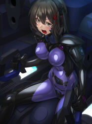 Rule 34 | 1girl, armored bodysuit, blush, bodysuit, breasts, brown eyes, brown hair, character request, cockpit, commentary request, controller, covered navel, fortified suit, hair ribbon, headgear, headphones, highres, impossible bodysuit, impossible clothes, joystick, kurione (zassou), medium breasts, muv-luv, muv-luv: dimensions, muv-luv alternative, open mouth, ribbon, shiny clothes, short hair, sitting, skin tight, solo