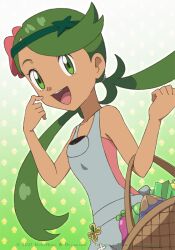 Rule 34 | 1girl, :d, basket, berry (pokemon), creatures (company), dark-skinned female, dark skin, eyelashes, flower, game freak, gradient background, green eyes, green hair, green headband, grey overalls, headband, long hair, looking at viewer, mallow (pokemon), mixed-language commentary, nintendo, noelia ponce, open mouth, overalls, pink flower, pink shirt, pokemon, pokemon sm, shirt, smile, solo, swept bangs, teeth, tongue, twintails, upper teeth only