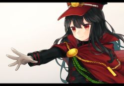 Rule 34 | &gt;:), 1girl, black hair, buttons, cloak, closed mouth, double-breasted, fate (series), gloves, hat, koha-ace, letterboxed, long hair, military, military uniform, munuko, oda nobunaga (fate), oda nobunaga (koha-ace), outstretched arm, peaked cap, red eyes, smile, solo, uniform, upper body, v-shaped eyebrows, white gloves