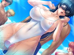 Rule 34 | 00s, 1girl, alternate costume, beach, blindfold, breasts, censored, covered erect nipples, curvy, dildo, embarrassed, faceless, faceless male, hetero, highleg, highleg swimsuit, igawa asagi, kagami hirotaka, large breasts, lilith-soft, long hair, moaning, multiple boys, naughty face, official alternate costume, one-piece swimsuit, partially visible vulva, pervert, public indecency, saliva, see-through, see-through swimsuit, sex toy, shiny skin, sky, sweat, swimsuit, taimanin (series), taimanin asagi, taimanin asagi kessen arena, thighs, thong one-piece swimsuit, vibrator, white one-piece swimsuit, wide hips