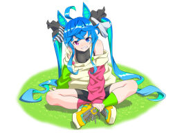 Rule 34 | 1girl, @ @, ahoge, animal ears, aqua hair, asymmetrical legwear, bike shorts, black nails, blue eyes, blue hair, bow, commentary request, crossed bangs, grass, green socks, grin, hair bow, hand on own leg, heterochromia, highres, horse ears, horse girl, indian style, kneehighs, long hair, looking at viewer, mismatched legwear, multicolored clothes, multicolored hair, multicolored sweater, nail polish, niboshi1200r, off-shoulder sweater, off shoulder, on grass, pink socks, red eyes, sharp teeth, shirt, shoelaces, shoes, sidelocks, simple background, sitting, sleeveless, sleeveless shirt, smile, sneakers, socks, solo, strap slip, striped bow, sweater, teeth, twin turbo (umamusume), twintails, two-tone hair, umamusume, very long hair, white background, yellow footwear
