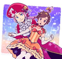 Rule 34 | 10s, 1boy, 1girl, ascot, beamed quavers, beret, blue eyes, bow, braid, bright pupils, brown eyes, brown hair, classicaloid, dancing, dramatica, dress, earrings, elbow gloves, frilled dress, frills, gloves, hat, jewelry, long hair, looking at another, ludwig van beethoven (classicaloid), musical note, otowa kanae, pink hair, red ribbon, ribbon, single braid, sleeveless, smile, star (symbol), thighhighs, twitter username, white gloves, white thighhighs, wolfgang amadeus mozart (classicaloid)
