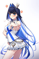 Rule 34 | 1girl, :t, adarin, alternate costume, anger vein, angry, arched back, bare shoulders, black hair, blue hair, blush, breasts, collared shirt, colored inner hair, crown, embarrassed, hair intakes, hand on own hip, highres, hololive, hololive english, idol, impossible clothes, impossible shirt, long hair, looking at viewer, medium breasts, mini crown, miniskirt, multicolored hair, official alternate hair length, official alternate hairstyle, ouro kronii, petticoat, pleated skirt, pointing, pointing at viewer, pout, shirt, skirt, sleeveless, sleeveless shirt, solo, very long hair, virtual youtuber, white skirt, wrist cuffs