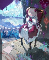 Rule 34 | 1girl, absurdres, adapted costume, bad id, bad twitter id, blonde hair, book, book on lap, bow, bug, butterfly, closed eyes, commentary request, crystal, dress, elbow gloves, fence, flandre scarlet, garden, gloves, hair bow, highres, insect, kusariuta, lake, long hair, on chair, pantyhose, red bow, red dress, short sleeves, side ponytail, sitting, solo, stairs, touhou, white dress, white gloves, white pantyhose, wide sleeves, wings