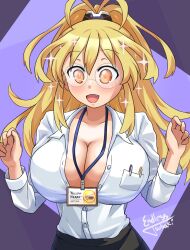 Rule 34 | 1girl, :d, absurdres, alternate costume, black skirt, blonde hair, blush, breasts, character name, cleavage, collared shirt, endlesstsubaki, glasses, hair between eyes, hands up, happy, highres, id card, kami jigen game neptune v, large breasts, long hair, long sleeves, looking at viewer, neptune (series), no bra, open mouth, orange eyes, partially unbuttoned, ponytail, power symbol, power symbol-shaped pupils, shirt, skirt, smile, solo, sparkle, sparkling eyes, symbol-shaped pupils, undersized clothes, upper body, white shirt, yellow eyes, yellow heart (neptunia)
