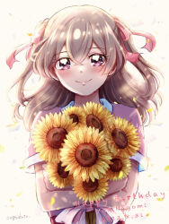 Rule 34 | 1girl, artist name, birthday, brown hair, character name, closed mouth, commentary, dated, delicious party precure, dress, english text, flower, happy birthday, highres, holding, holding flower, ikasaman, looking at viewer, medium hair, nagomi yui, pink dress, precure, purple eyes, short sleeves, signature, smile, solo, standing, sunflower, two side up, upper body, wind