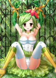 Rule 34 | 10s, 1girl, bad id, bad pixiv id, bdsm, blush, bondage, boots, bound, bound wrists, breasts, brown eyes, cleavage, creatures (company), crown, elbow gloves, flower, game freak, garter straps, gen 5 pokemon, gloves, green hair, hair flower, hair ornament, highres, jewelry, large breasts, legs, lilligant, mini crown, necklace, nintendo, open mouth, panties, pantyshot, personification, pokemon, pokemon bw, ribbon, ribbon bondage, sitting, skirt, solo, spread legs, thighhighs, thighs, underwear, upskirt, white panties, white thighhighs, yukimura chisa
