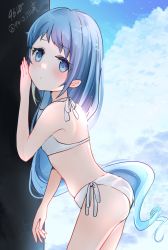 Rule 34 | 1girl, 9610 (kuroto), absurdres, ass, beach, bikini, blue eyes, blue hair, blue sky, breasts, cloud, cloudy sky, cowboy shot, day, gradient hair, highres, kantai collection, long hair, looking at viewer, multicolored hair, ocean, outdoors, post, samidare (kancolle), sky, small breasts, solo, standing, swept bangs, swimsuit, twitter username, very long hair, white bikini