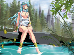 Rule 34 | 1girl, anklet, aqua hair, arm support, barefoot, blurry, bracelet, breasts, breasts apart, castle, center opening, cleavage, depth of field, female focus, flare (reyon densetsu flare), food, forest, fruit, jewelry, kou (rall2), long hair, lyon densetsu flare, medium breasts, nature, no bra, no panties, outdoors, plant, retro artstyle, sitting, soaking feet, solo, water