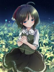 Rule 34 | 1girl, ahoge, amatsutsumi, black hair, black skirt, blue eyes, blush, breasts, bug, chaamii, closed mouth, darkness, field, firefly, flower, flower field, frilled shirt, frills, green vest, hand up, highres, insect, medium hair, minazuki hotaru (amatsutsumi), own hands together, shirt, signature, sitting, skirt, small breasts, solo, vest, white shirt, wisp