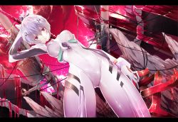 Rule 34 | 1girl, ambiguous red liquid, arm at side, arm up, ayanami rei, bodysuit, bracer, breasts, broken, closed mouth, cloud, cowboy shot, dripping, dutch angle, expressionless, eyebrows, from below, glowing, gluteal fold, hair between eyes, highres, holding, holding weapon, interface headset, lance of longinus (evangelion), legs apart, letterboxed, looking at viewer, looking down, medium breasts, moon, neon genesis evangelion, outdoors, pale skin, pilot suit, plugsuit, power lines, red eyes, red sky, rock, ruins, shiro (himawari), short hair, skin tight, sky, solo, standing, utility pole, weapon
