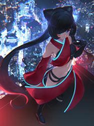 Rule 34 | 1girl, azki (1st costume) (hololive), azki (hololive), bare shoulders, black footwear, black gloves, black hair, blue eyes, boots, breasts, building, city lights, cityscape, commentary, crop top, detached sleeves, elbow gloves, facial mark, from above, gloves, glowing, hair ears, hand up, hololive, izumi sai, long hair, looking at viewer, looking up, medium breasts, midriff, neon trim, revealing clothes, rooftop, single sleeve, skyscraper, solo, standing, stomach, twintails, very long hair, virtual youtuber