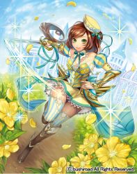 Rule 34 | 10s, 1girl, armor, boots, bow, bowtie, breasts, brown hair, cardfight!! vanguard, cleavage, company name, day, flower, full body, green eyes, hair ribbon, hat, knight of the faint sun marcia, leaf, long hair, looking at viewer, matsurika youko, medium breasts, official art, petals, ponytail, sky, smile, solo, sparkle, sword, thighhighs, weapon