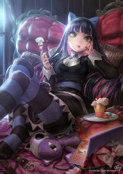 Rule 34 | 1girl, b.c.n.y., black dress, black hair, blue nails, blunt bangs, bow, breasts, cake, colored inner hair, couch, dress, food, food on face, foot out of frame, fork, green eyes, hand up, highres, holding, holding fork, indoors, juliet sleeves, knees up, long hair, long sleeves, looking at viewer, medium breasts, moonlight, multicolored hair, nail polish, night, on couch, panty &amp; stocking with garterbelt, pantyhose, plate, puffy sleeves, sidelighting, solo, spoon, stocking (psg), striped clothes, striped pantyhose, stuffed toy, thighhighs, two-tone hair, window, wing collar