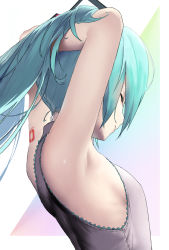 Rule 34 | 1girl, adjusting hair, armpits, arms up, back, bad id, bad twitter id, bare shoulders, blue hair, breasts, closed eyes, closed mouth, commentary, facing away, facing to the side, from side, hatsune miku, highres, long hair, nape, rsk (tbhono), shiny skin, sideboob, simple background, sleeveless, small breasts, solo, very long hair, vocaloid, white background