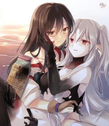 Rule 34 | 10s, 2girls, abyssal ship, aircraft carrier princess, akagi (kancolle), blood, brown eyes, brown hair, colored skin, flight deck, gloves, hand on another&#039;s face, hand on another&#039;s head, japanese clothes, jpeg artifacts, kantai collection, light smile, long hair, looking at another, md5 mismatch, multiple girls, no bra, no panties, one side up, open mouth, partially fingerless gloves, partly fingerless gloves, red eyes, resized, sad, silver hair, tears, thighhighs, toosaka asagi, torn clothes, veins, very long hair, white legwear, white skin, yugake