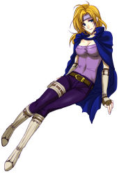 Rule 34 | 1girl, arm support, belt, blonde hair, blue eyes, boots, breasts, cape, cleavage, female focus, fingerless gloves, fire emblem, fire emblem: radiant dawn, full body, gloves, headband, heather (fire emblem), lips, lipstick, long hair, makeup, nintendo, pants, simple background, sitting, solo, strapless, white background