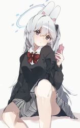 Rule 34 | 1girl, absurdres, animal ears, ass, black shirt, blue archive, blue halo, blush, bow, bowtie, cellphone, closed mouth, collared shirt, commission, fake animal ears, feet out of frame, fingernails, grey hair, grey skirt, hair between eyes, halo, higa (gominami), highres, holding, holding phone, long hair, miyako (blue archive), one side up, phone, pixiv commission, pleated skirt, purple eyes, rabbit ears, red bow, red bowtie, shirt, simple background, skirt, smartphone, solo, white background, white shirt