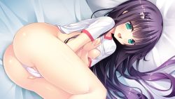 Rule 34 | 1girl, ass, black hair, blush, breast hold, breasts, clothes lift, artistic error, female masturbation, fingering, game cg, green eyes, gym uniform, hand in panties, highres, legs, legs up, long hair, lying, masturbation, nipples, no bra, no pants, on side, open mouth, panties, grabbing own breast, shirt, shirt lift, small breasts, solo, source request, sumeragi rinne, sweat, tanabe, underwear, very long hair, wedgie, white panties, zannen na oretachi no seishun jijou