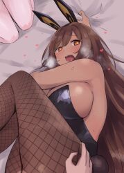 Rule 34 | 1boy, 2girls, 777 (nikke), animal ear headwear, animal ears, ascot, backless leotard, bed sheet, black ascot, black bow, black bowtie, black leotard, blanc (nikke), blush, bow, bowtie, breasts, brown hair, dark-skinned female, dark skin, detached collar, fake animal ears, fake tail, fishnet pantyhose, fishnets, from side, goddess of victory: nikke, gucchiann, heart, heart-shaped pupils, highres, kneeling, large breasts, leotard, long hair, looking at viewer, multiple girls, noir (nikke), on bed, open mouth, pantyhose, playboy bunny, pov, rabbit ears, saliva, sex, sheet grab, sideboob, solo focus, strapless, strapless leotard, symbol-shaped pupils, tail, yellow eyes
