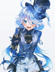 Rule 34 | 1girl, :d, absurdres, ahoge, ascot, black ascot, black gloves, black shirt, blue bow, blue eyes, blue hair, blue hat, blue jacket, blue ribbon, blush, bow, brooch, buttons, commentary request, drop-shaped pupils, eyelashes, frilled sleeves, frills, furina (genshin impact), genshin impact, gloves, hair between eyes, hair intakes, half gloves, hand up, hat, hat bow, heterochromia, highres, index finger raised, jacket, jewelry, lapels, long hair, long sleeves, looking at viewer, lower teeth only, mismatched pupils, multicolored hair, open clothes, open jacket, open mouth, raiseafuture, ribbon, round teeth, shirt, shorts, sidelocks, simple background, smile, solo, standing, swept bangs, symbol-shaped pupils, tassel, teeth, tilted headwear, tongue, top hat, very long hair, vest, vision (genshin impact), white background, white hair, white shorts, white vest