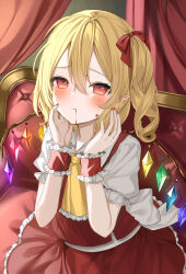 Rule 34 | 1girl, absurdres, ascot, blonde hair, blood, blood from mouth, blood on face, blush, bow, crystal, flandre scarlet, frilled skirt, frills, hair between eyes, hair bow, hands on own cheeks, hands on own face, hands up, highres, indoors, looking at viewer, medium hair, nail polish, okome2028, red bow, red eyes, red nails, red skirt, red vest, red wristband, shirt, short sleeves, side ponytail, sitting, skirt, slit pupils, solo, staring, touhou, vest, white shirt, wings, yellow ascot