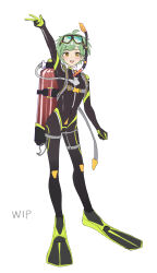 Rule 34 | arm up, black bodysuit, black wetsuit, bodysuit, covered navel, diving mask, diving mask on head, diving regulator, diving suit, flippers, goggles, goggles on head, green hair, highres, hose, open mouth, orange eyes, original, oxygen tank, saraka su, scuba, scuba gear, scuba tank, short hair, skin tight, smile, snorkel, strap, teeth, thigh strap, two-tone bodysuit, unfinished, upper teeth only, v, wetsuit, white background