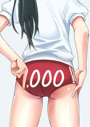 Rule 34 | 1girl, ass, black hair, buruma, from behind, grey background, gym uniform, hand on own ass, hand on own thigh, head out of frame, highres, index finger raised, long hair, original, ponytail, red buruma, retumihari, shirt, short sleeves, simple background, solo, thighs, white shirt
