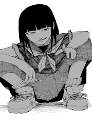 Rule 34 | 1girl, black hair, comic, grin, highres, looking at viewer, monochrome, octagone, original, pointing, pointing at viewer, school uniform, shoes, slav squatting, smile, smoking, sneakers, squatting, sukeban, tobacco, uniform, delinquent