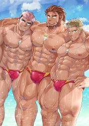 Rule 34 | 3boys, abs, absurdres, arm around shoulder, bara, bare pectorals, beach, beard, brown hair, bulge, dark-skinned male, dark skin, facial hair, feet out of frame, goatee, hands on own hips, highres, huge filesize, large pectorals, lifeguard, looking at viewer, male focus, male swimwear, mature male, multiple boys, muscular, muscular male, navel, nipples, original, paid reward available, pectorals, pink hair, raineru (gryffindor131), red male swimwear, short hair, sideburns, sky, smile, smug, stomach, stubble, swim briefs, thick thighs, thighs, undercut, wet, whistle, whistle around neck