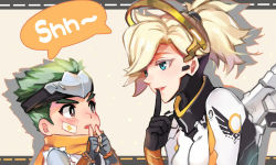 Rule 34 | 1boy, 1girl, aged down, bandaid, bandaid on cheek, bandaid on face, bodysuit, breasts, brown eyes, child, emblem, finger to mouth, fingerless gloves, forehead protector, genji (overwatch), gloves, green hair, halo, high ponytail, japanese clothes, looking at another, mechanical halo, mechanical wings, medium breasts, medium hair, mercy (overwatch), nose, overwatch, overwatch 1, parted lips, patch, pink lips, scarf, shadow, short hair, shushing, speech bubble, upper body, white bodysuit, wings, young genji, zonana