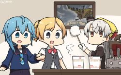 Rule 34 | 1other, 3girls, amatsukaze (kancolle), asymmetrical hair, bandana, blonde hair, blouse, blue eyes, blue hair, blue neckwear, blue shirt, blue shorts, bow, bowtie, brown dress, chair, commentary request, cowboy shot, crescent, crescent pin, dated, dress, duster, fang, feather duster, frilled shorts, frills, gloves, grey eyes, hair tubes, hamu koutarou, highres, holding hands, indoors, kantai collection, long hair, maikaze (kancolle), minazuki (kancolle), multiple girls, necktie, nissin cup noodle, one-hour drawing challenge, open mouth, parted bangs, picture frame, ponytail, red neckwear, rensouhou-kun, sailor dress, school uniform, serafuku, shirt, short hair, shorts, silver hair, skin fang, smile, table, translation request, vest, white gloves, white shirt