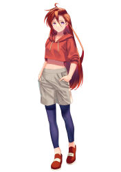 Rule 34 | 1girl, absurdres, blue pants, closed mouth, collarbone, full body, grey shorts, hair between eyes, hands in pockets, highres, hood, hood down, hooded sweater, long hair, looking at viewer, midriff, pants, pants under shorts, precure, purple eyes, red footwear, red hair, red sweater, shorts, simple background, solo, standing, stomach, sweater, takizawa asuka, tropical-rouge! precure, very long hair, white background, yoko-ya manjirou