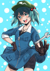 Rule 34 | 1girl, bike shorts, bike shorts under skirt, black gloves, black shirt, blue background, blue dress, blue eyes, blue hair, blush, dotted background, dress, gloves, highres, kawashiro nitori, medium hair, open mouth, pocket, sen (daydream 53), shirt, short twintails, sidelocks, sleeves rolled up, smile, solo, touhou, twintails, two side up, wrench