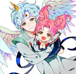 Rule 34 | 1boy, 1girl, :d, bishoujo senshi sailor moon, bishounen, chibi usa, closed mouth, cone hair bun, crying, crying with eyes open, double bun, feathered wings, forehead jewel, from above, hair bun, happy, helios (sailor moon), holding, horns, looking at viewer, nanette (krowaze), open mouth, own hands clasped, own hands together, pink hair, school uniform, serafuku, single horn, smile, tears, twintails, white hair, white wings, wings, yellow eyes