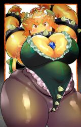 Rule 34 | 1girl, armlet, armpit hair, blonde hair, blue gemstone, blush, bowser, bracelet, breasts, cleavage, collar, colored skin, cowboy shot, crown, earrings, embarrassed, fat, female pubic hair, forked eyebrows, furry, gem, genderswap, genderswap (mtf), highres, horns, huge breasts, jewelry, leotard, long hair, mario (series), narrow waist, new super mario bros. u deluxe, nintendo, open mouth, outside border, pantyhose, plump, pov, pubic hair, sapphire, sharp teeth, shell, shiny skin, skin tight, solo, spiked armlet, spiked bracelet, spikes, standing, super crown, tail, teeth, thick eyebrows, thick thighs, thighs, thong, v-shaped eyebrows, wedgie, wide hips, yellow skin