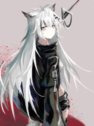 Rule 34 | 1girl, absurdres, animal ears, arknights, black coat, black shorts, blood, blood on ground, blood splatter, bloody weapon, brown background, chinese commentary, closed mouth, coat, collared coat, commentary request, cowboy shot, expressionless, grey background, grey tail, haimo-suki (layer one), hair between eyes, hair ornament, hairclip, high collar, highres, holding, holding sword, holding weapon, lappland (arknights), long hair, long sleeves, looking at viewer, looking back, open clothes, open coat, outstretched arm, pool of blood, rapier, scar, scar across eye, scar on face, shorts, solo, standing, sword, tail, turning head, weapon, white eyes, white hair, wolf ears, wolf girl, wolf tail
