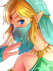 Rule 34 | 1boy, bad id, bad pixiv id, blonde hair, blue eyes, gerudo set (zelda), jewelry, link, male focus, mouth veil, necklace, nintendo, paisen, pointy ears, see-through, simple background, solo, the legend of zelda, the legend of zelda: breath of the wild, trap, veil, white background