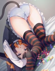 Rule 34 | 1girl, all fours, asashio (kancolle), asashio kai ni (kancolle), ass, black dress, black hair, black thighhighs, blue eyes, blue panties, blush, buttons, candy, cat tail, dress, fake tail, food, frilled skirt, frills, hat, highres, indoors, kantai collection, long hair, long sleeves, looking at viewer, neck ribbon, neckerchief, numao178, official alternate costume, on bed, open mouth, orange neckerchief, orange thighhighs, panties, pinafore dress, pleated dress, red ribbon, ribbon, shirt, signature, skirt, sleeveless, sleeveless dress, striped clothes, striped thighhighs, tail, thighhighs, twitter username, underwear, white shirt, witch hat