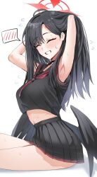 Rule 34 | 1girl, armpits, arms up, black choker, black hair, black sailor collar, black serafuku, black wings, blue archive, choker, closed mouth, feathered wings, from side, hair ornament, hairclip, halo, hands in hair, highres, horn/wood, ichika (blue archive), long hair, low wings, neckerchief, red halo, red neckerchief, sailor collar, school uniform, serafuku, sitting, sweat, white background, wings