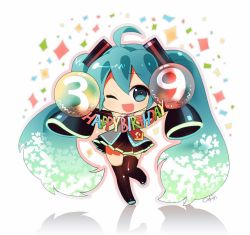 Rule 34 | 1girl, 39, ahoge, aqua eyes, aqua hair, artist name, bad id, bad pixiv id, beamed quavers, chibi, detached sleeves, full body, green hair, happy birthday, hatsune miku, long hair, mao yu, musical note, necktie, one eye closed, open mouth, skirt, sleeves past wrists, solo, standing, standing on one leg, thighhighs, twintails, very long hair, vocaloid, wink