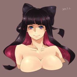 Rule 34 | 10s, 1girl, aqua eyes, bad id, bad pixiv id, bare shoulders, black hair, blunt bangs, bow, breasts, cleavage, collarbone, colored inner hair, dated, hair bow, large breasts, lips, long hair, multicolored eyes, multicolored hair, nude, panty &amp; stocking with garterbelt, pink hair, purple eyes, simple background, smile, stocking (psg), tkoweapon, two-tone hair, upper body