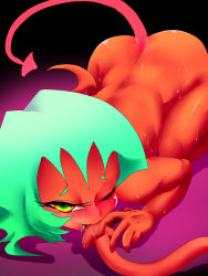 Rule 34 | 10s, 2girls, ass, back, colored skin, demon girl, demon tail, eyelashes, green eyes, green hair, highres, horns, incest, kneesocks (psg), licking tail, long hair, multicolored eyes, multiple girls, nabe (ingenmame), nude, one eye closed, panty &amp; stocking with garterbelt, red skin, saliva, scanty (psg), siblings, sisters, solo focus, sweat, tail, top-down bottom-up, wink, yellow eyes