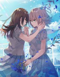 Rule 34 | 2girls, blue skirt, blue sky, blurry, blurry foreground, brown eyes, brown hair, building, chain-link fence, city, closed mouth, cloud, cloudy sky, commentary request, couple, cowboy shot, crying, crying with eyes open, day, eihi, eye contact, fence, flower, flower request, from behind, from side, glasses, green eyes, grey shirt, hair flower, hair ornament, hair ribbon, highres, holding, holding flower, holding hands, indoors, interlocked fingers, long hair, looking at another, miniskirt, multiple girls, original, outdoors, petals, pleated skirt, profile, ribbon, rooftop, sailor collar, school uniform, semi-rimless eyewear, serafuku, shirt, short sleeves, skirt, sky, skyscraper, smile, standing, sunlight, teardrop, tears, white sailor collar, window, yuri